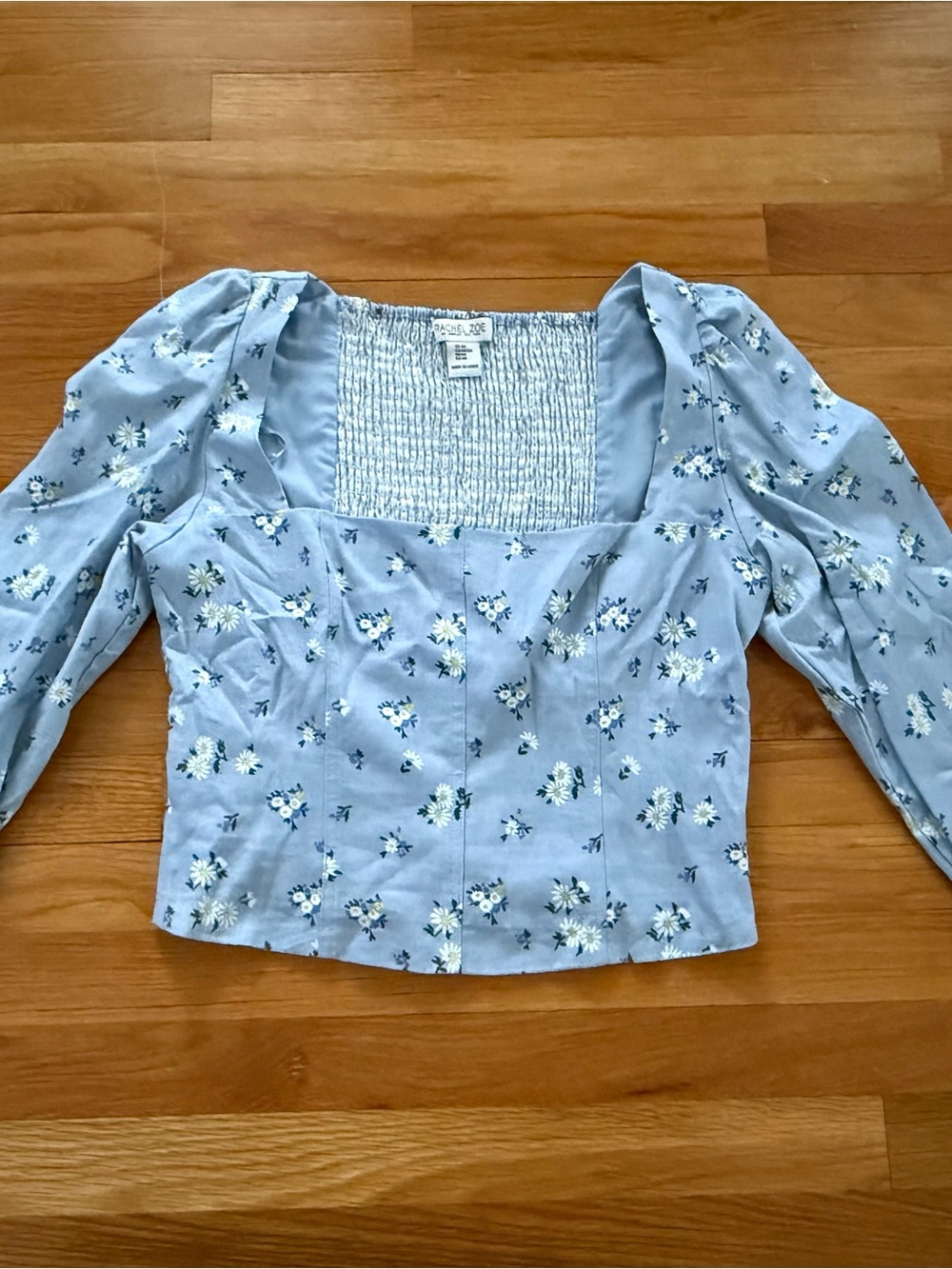 Rachel Zoe Pale Blue Floral Square-Neck Puff Sleeve Top